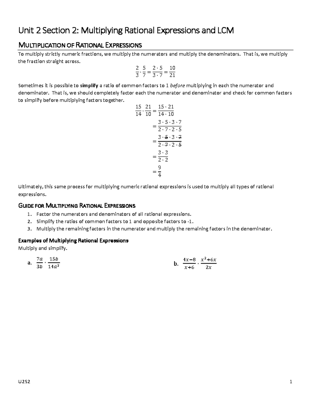 Unit 2 Section 2: Multiplication of Rational Expressions & LCM Guide ...
