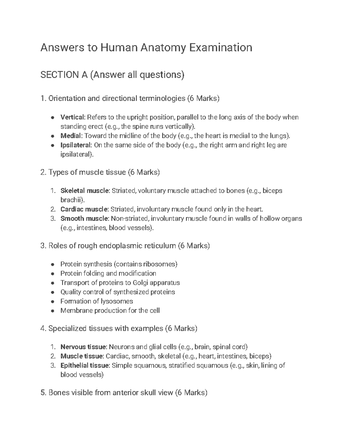 Human Anatomy Exam Answers: Section A Overview - Studocu
