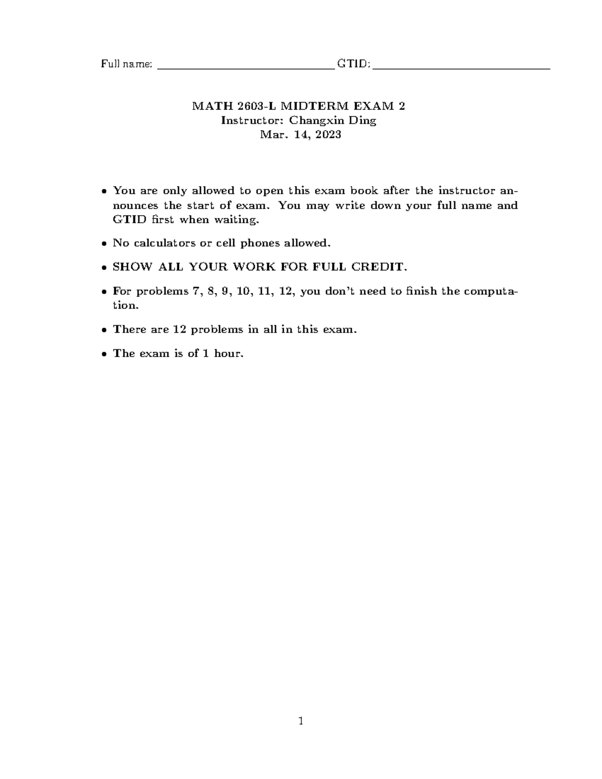 MATH 2603-L Midterm Exam 2 - Past Exam Review (2023) - Studocu