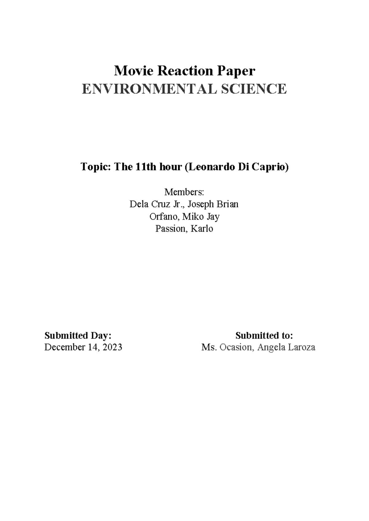 Environmental Science Movie Reaction Paper: Reflection on 