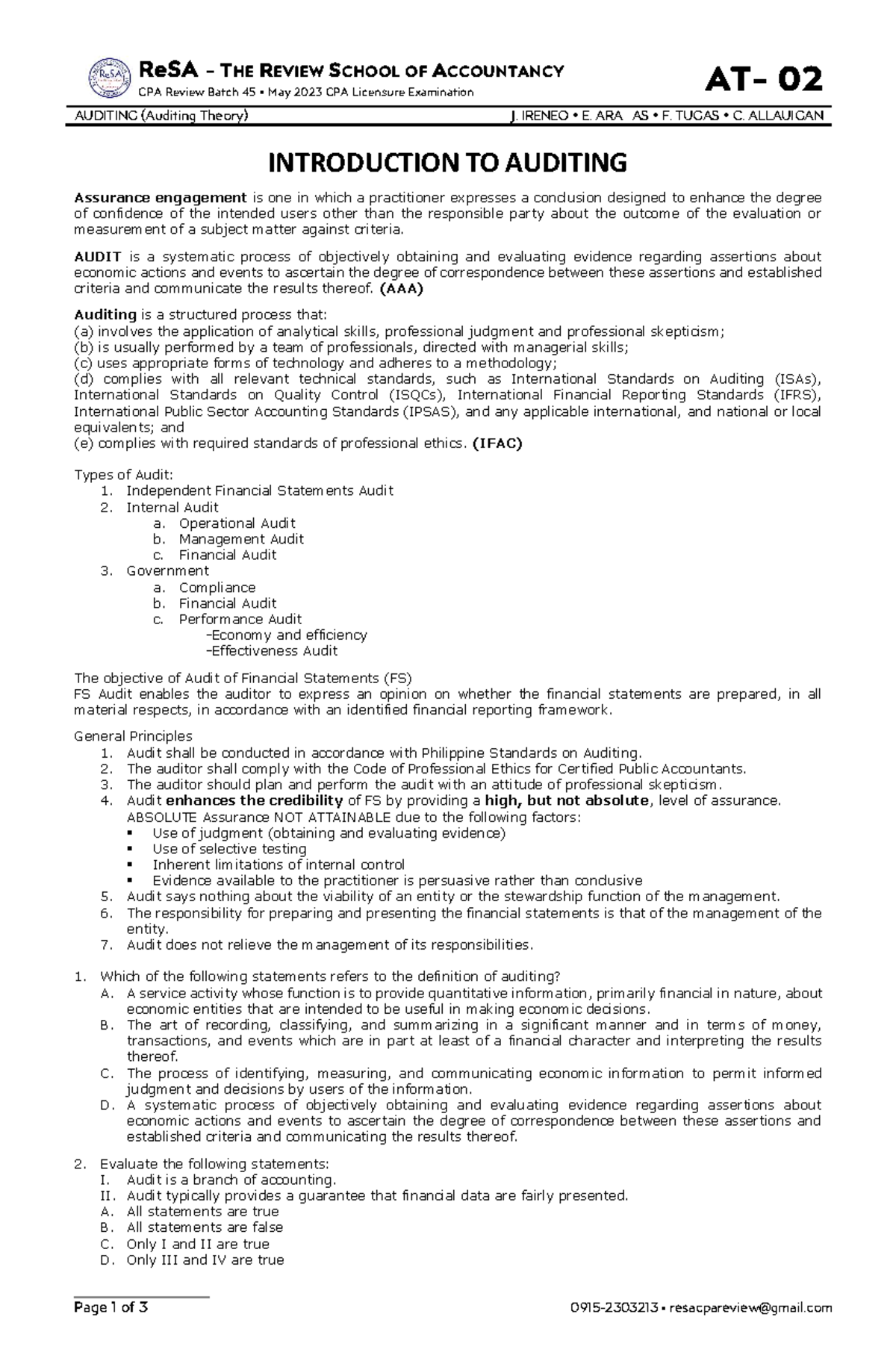 ReSA 02 CPA Review: Introduction to Auditing Notes for Batch 45 - Studocu
