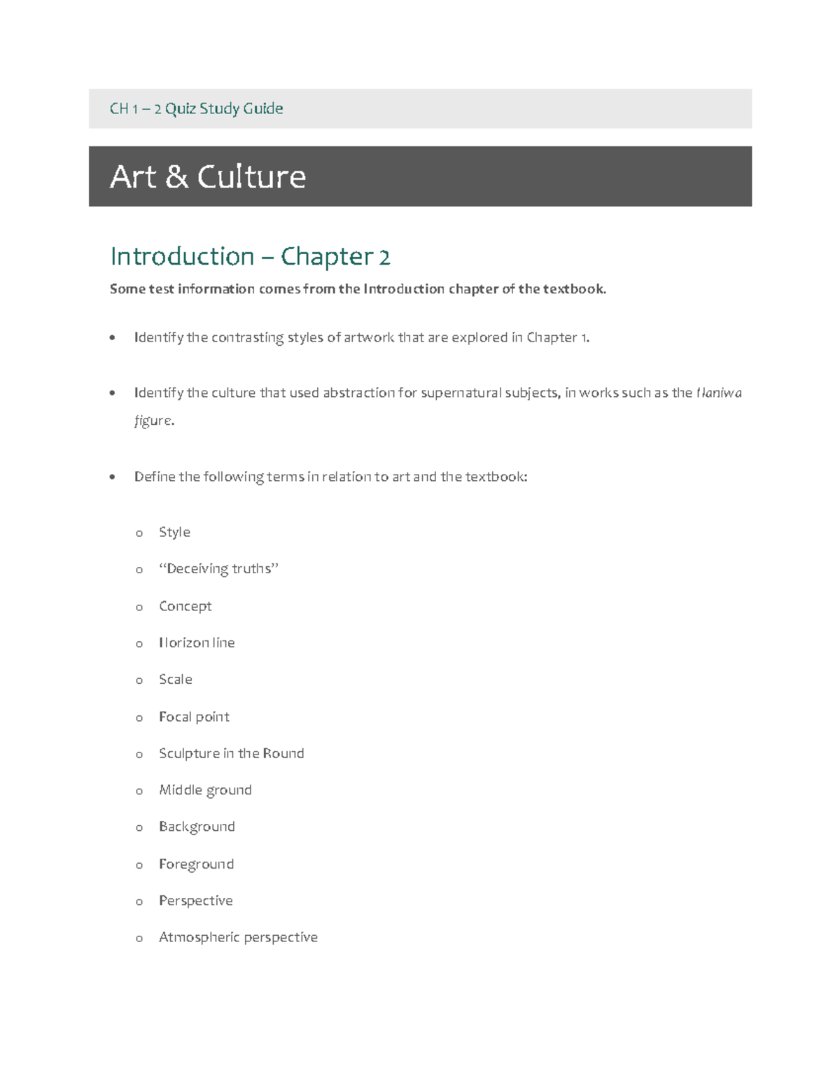 Art Culture Study Guide - CH 1 – 2 Quiz Study Guide Art & Culture ...