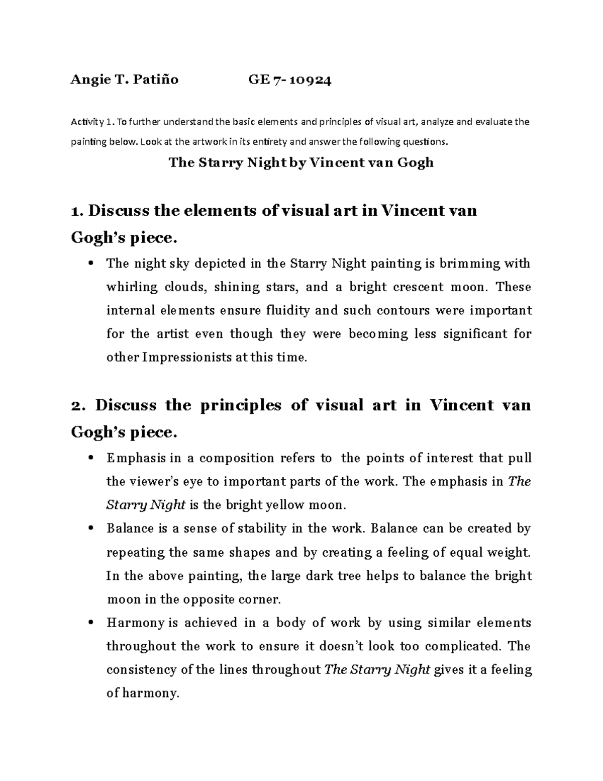 GE 7-10924 Lesson on Visual Art Elements in The Starry Night - Studocu