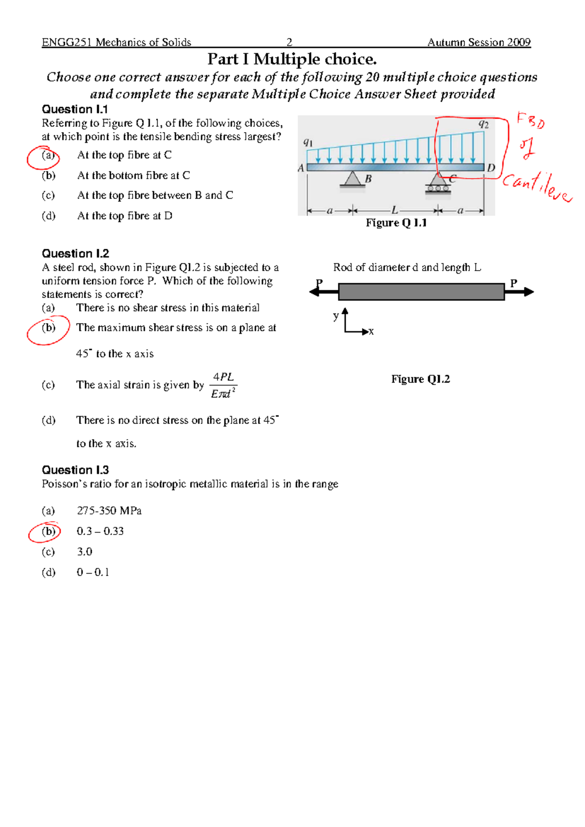 Exam 2009, questions and answers - ENGG251 Mechanics of Solids 2 Autumn ...