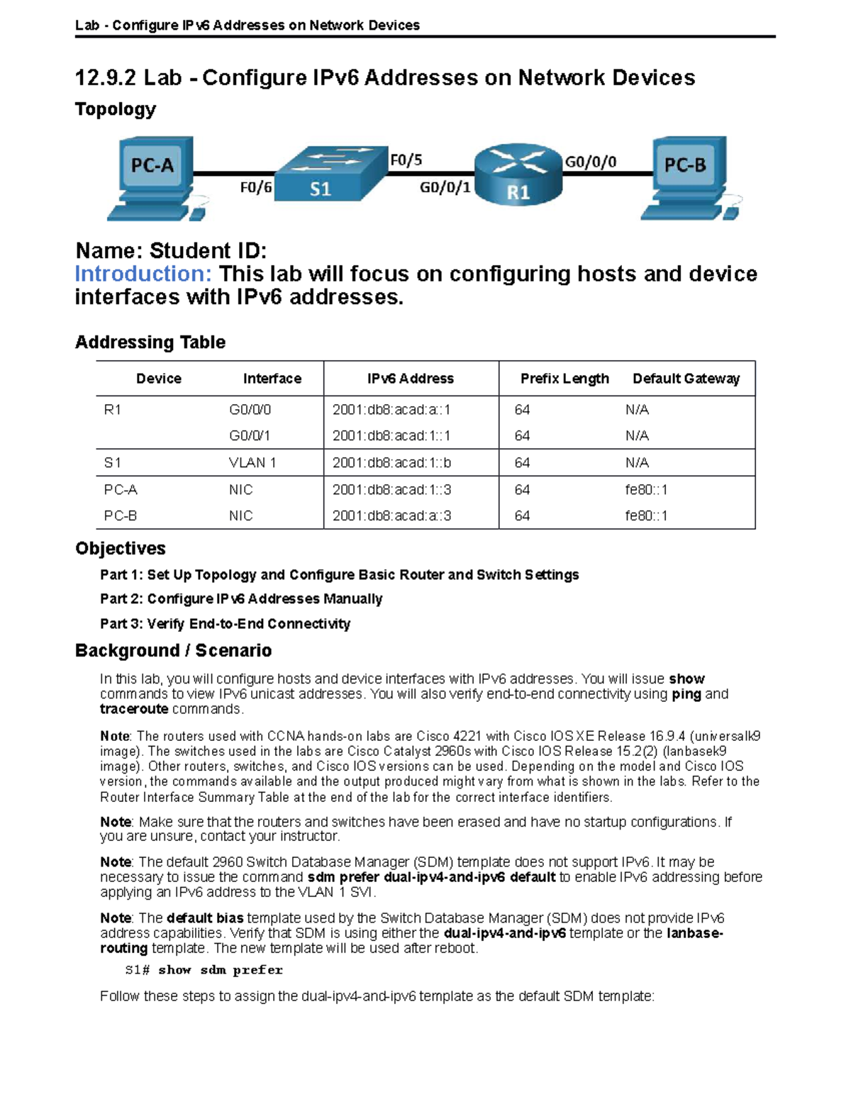 12.9.2 Lab - IPv6 Address Configuration on Network Devices - Studocu