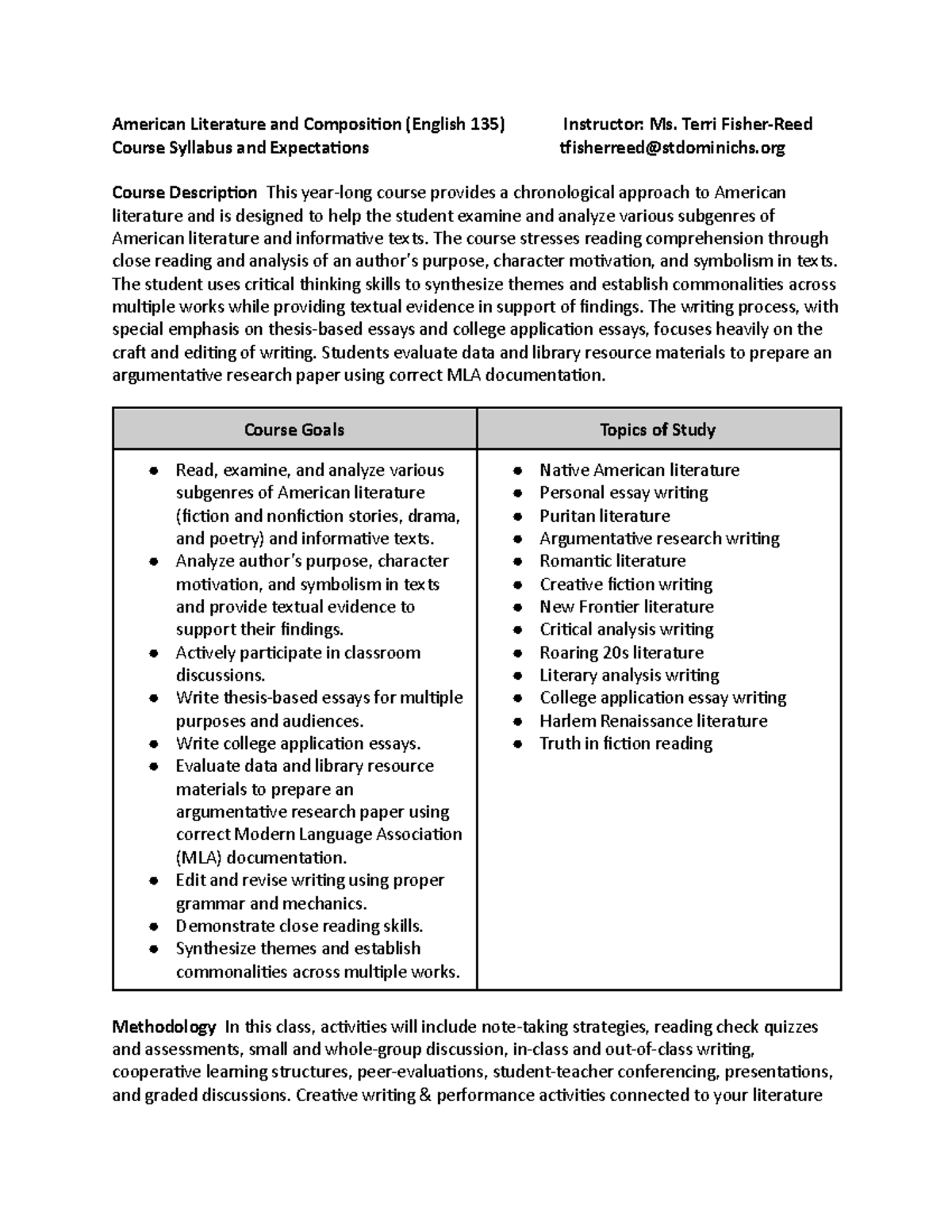 American Literature and Composition English 135 Course Syllabus ...
