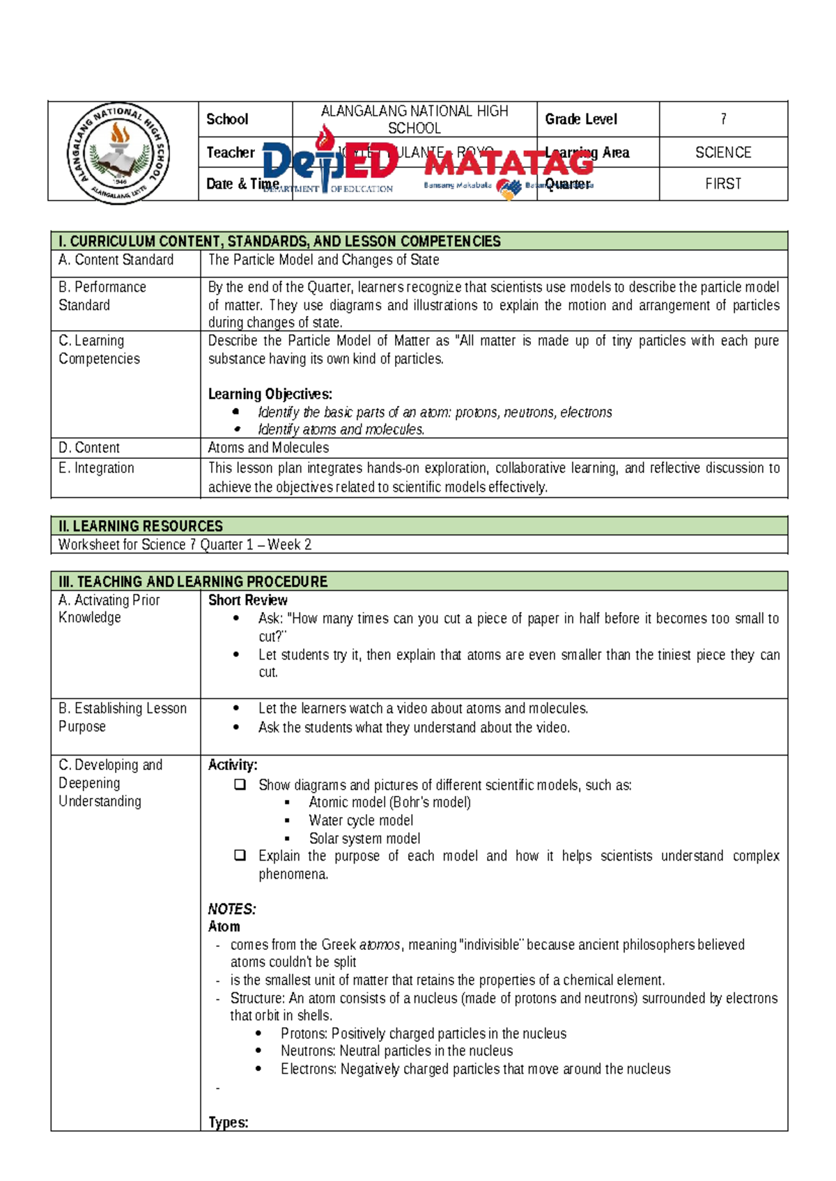 Grade 7 Science Lesson Plan: Atoms & Molecules (1st Quarter) - Studocu