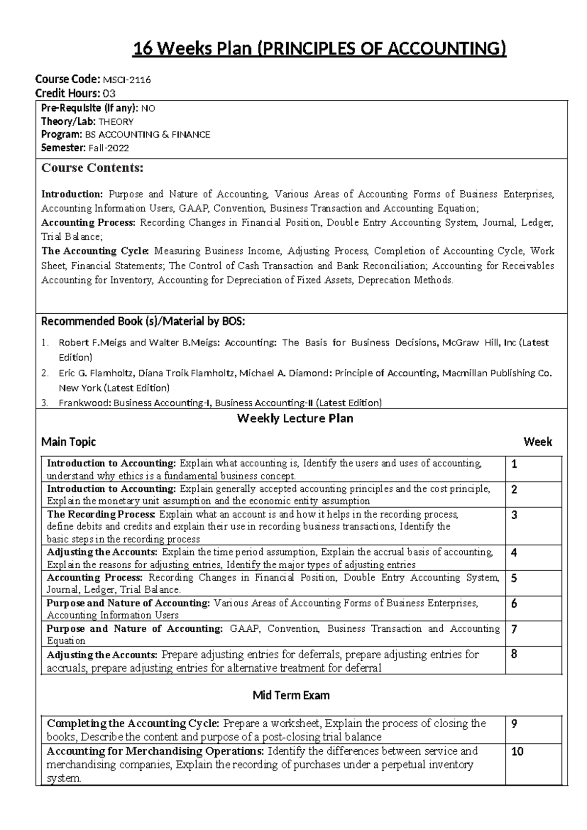 MSCI-2116 principles of accounting - 16 Weeks Plan (PRINCIPLES OF ...