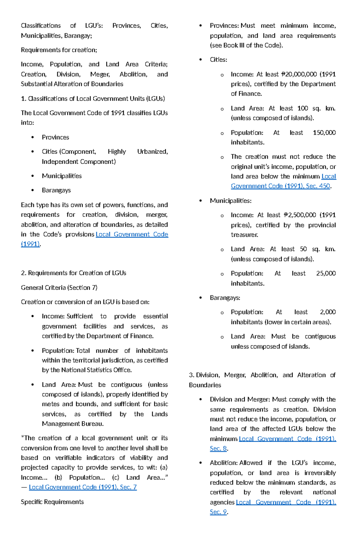 Classifications of LGUs: Income, Population, and Land Area Requirements ...