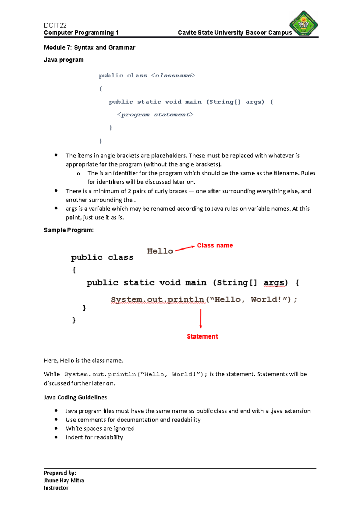Computer Programming 1: Week 10 - Syntax and Grammar Overview - Studocu