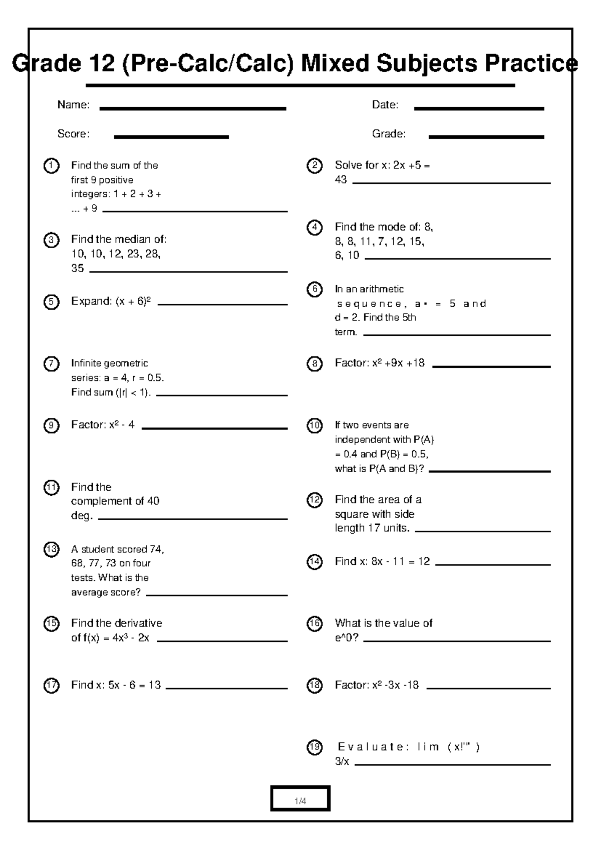 Grade 12 Math Mixed Subjects Practice 6 - Studocu