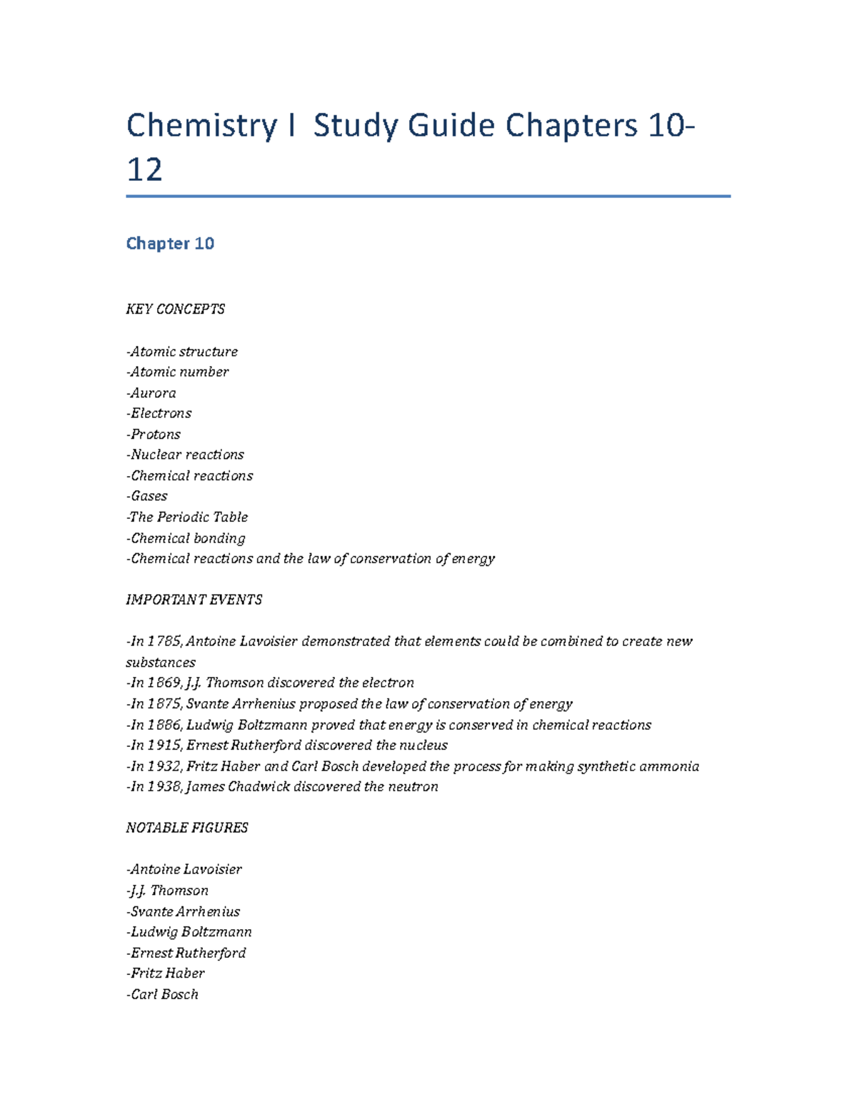 Chemistry I Study Guide: Key Concepts for Chapters 10-12 - Studocu