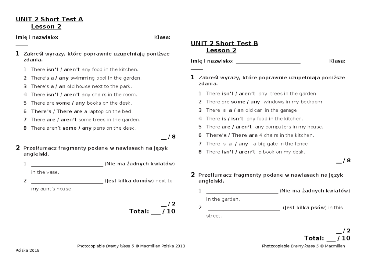 Olimpusek Testy Klasa 3 Angielski Brainy kl5 Short Tests Unit 2 Lesson 2 poprawka - UNIT 2 Short Test A