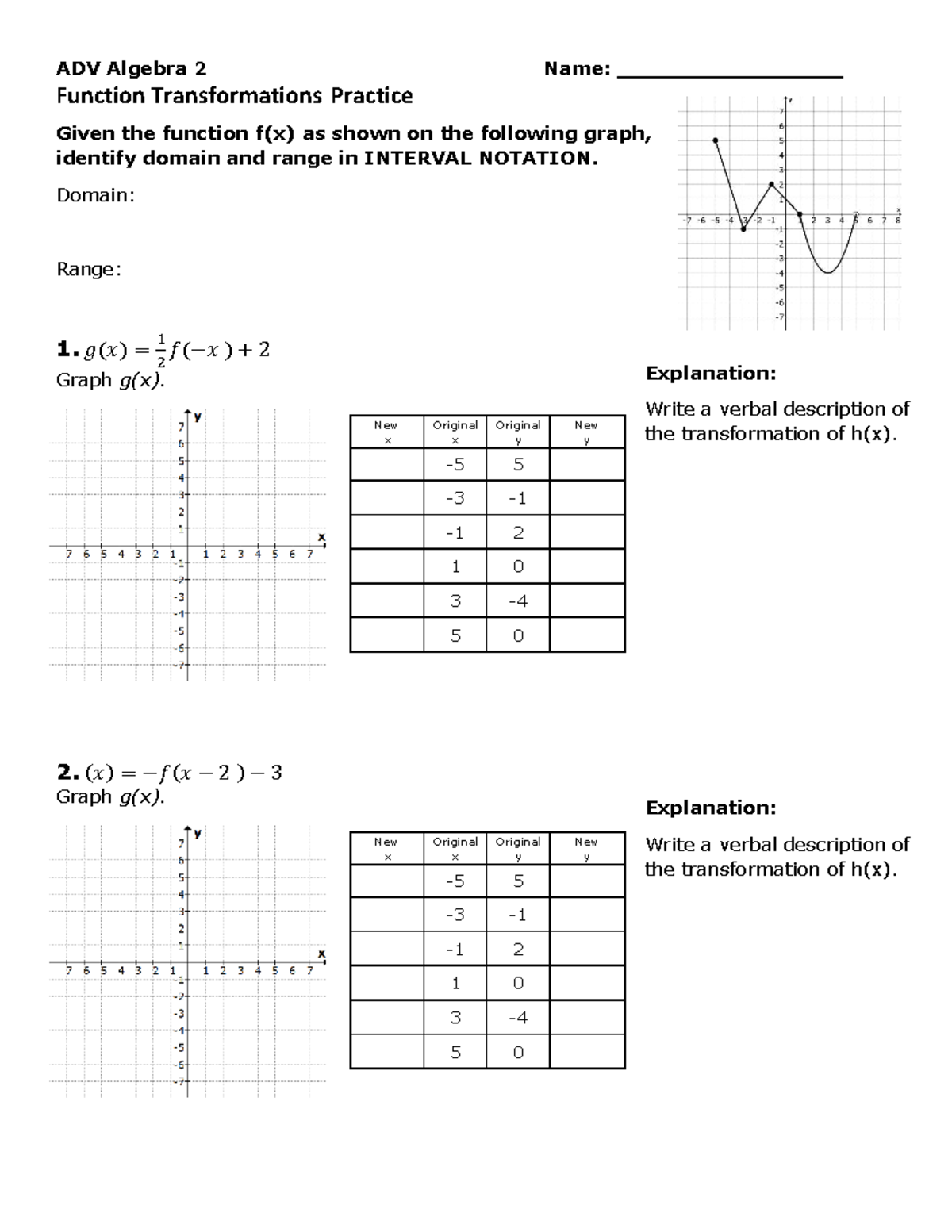 Function Transformations Practice for ADV Algebra 2 - Studocu