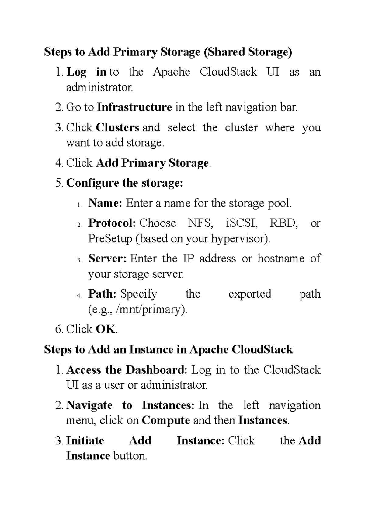 Apache CloudStack: Steps to Add Primary Storage, VPC & Instance - Studocu