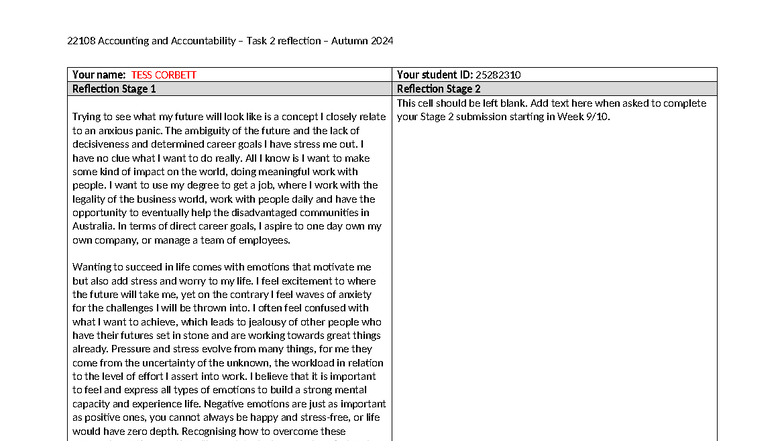 22108 Accounting & Accountability Task 2 Reflection - Autumn 2024 - Studocu