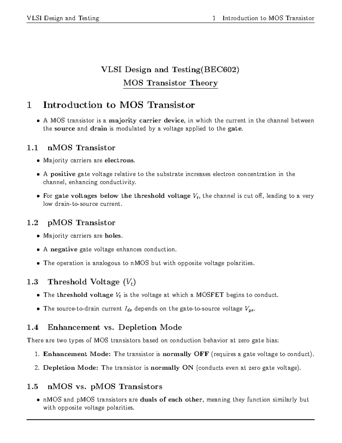 VLSI Design and Testing (BEC602): MOS Transistor Theory Overview - Studocu