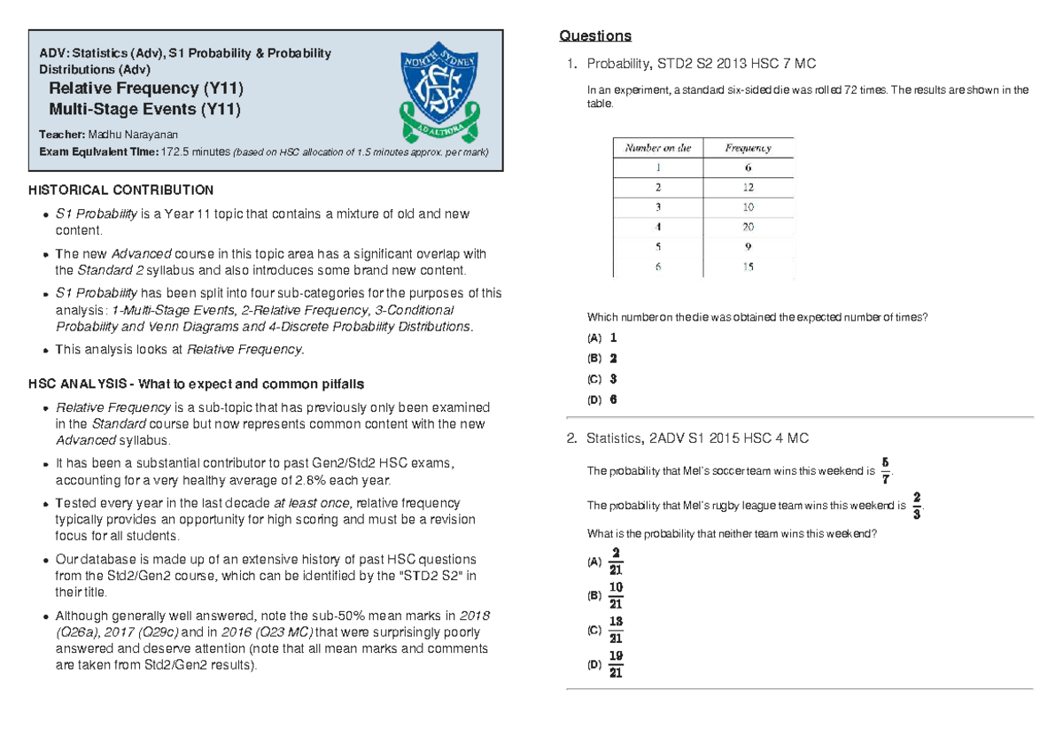 Probability and Statistics Analysis: HSC Exam Questions (2ADV S1) - Studocu