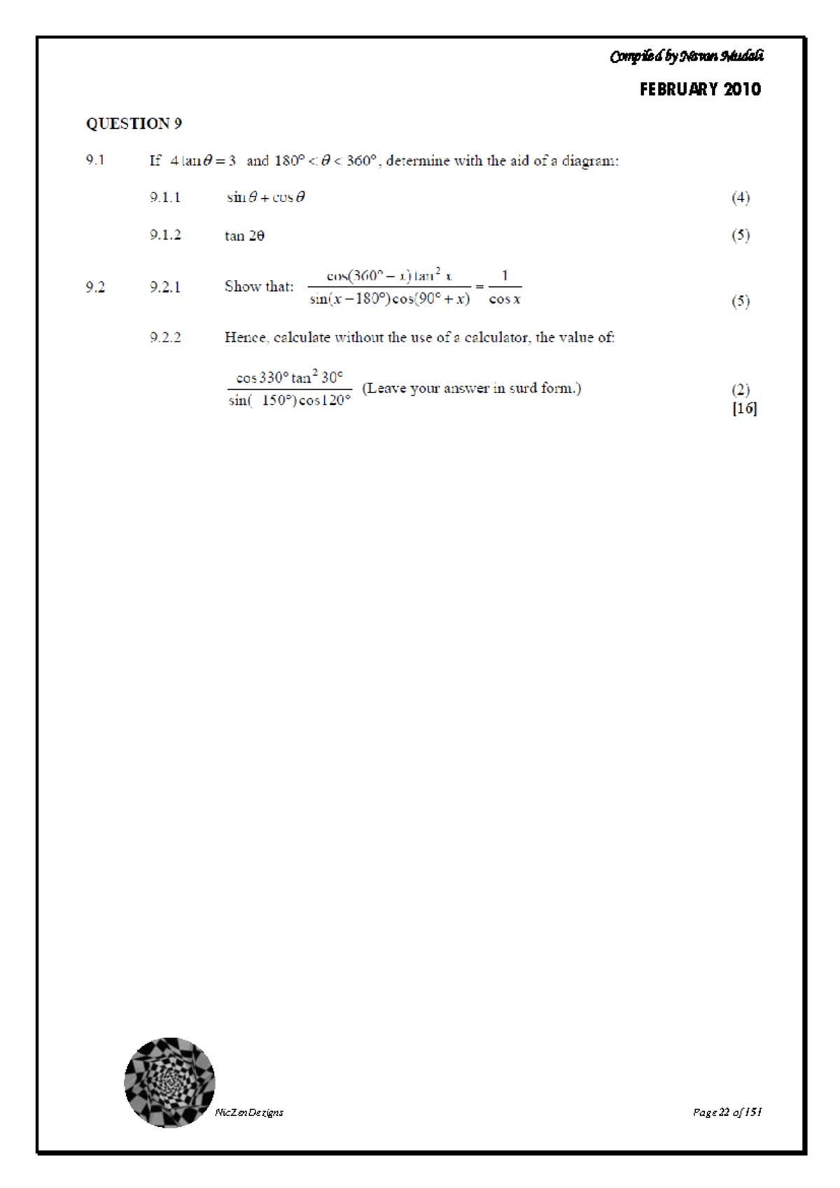Trigonometry Exercise Questions for Math Course MATH101 - Studocu