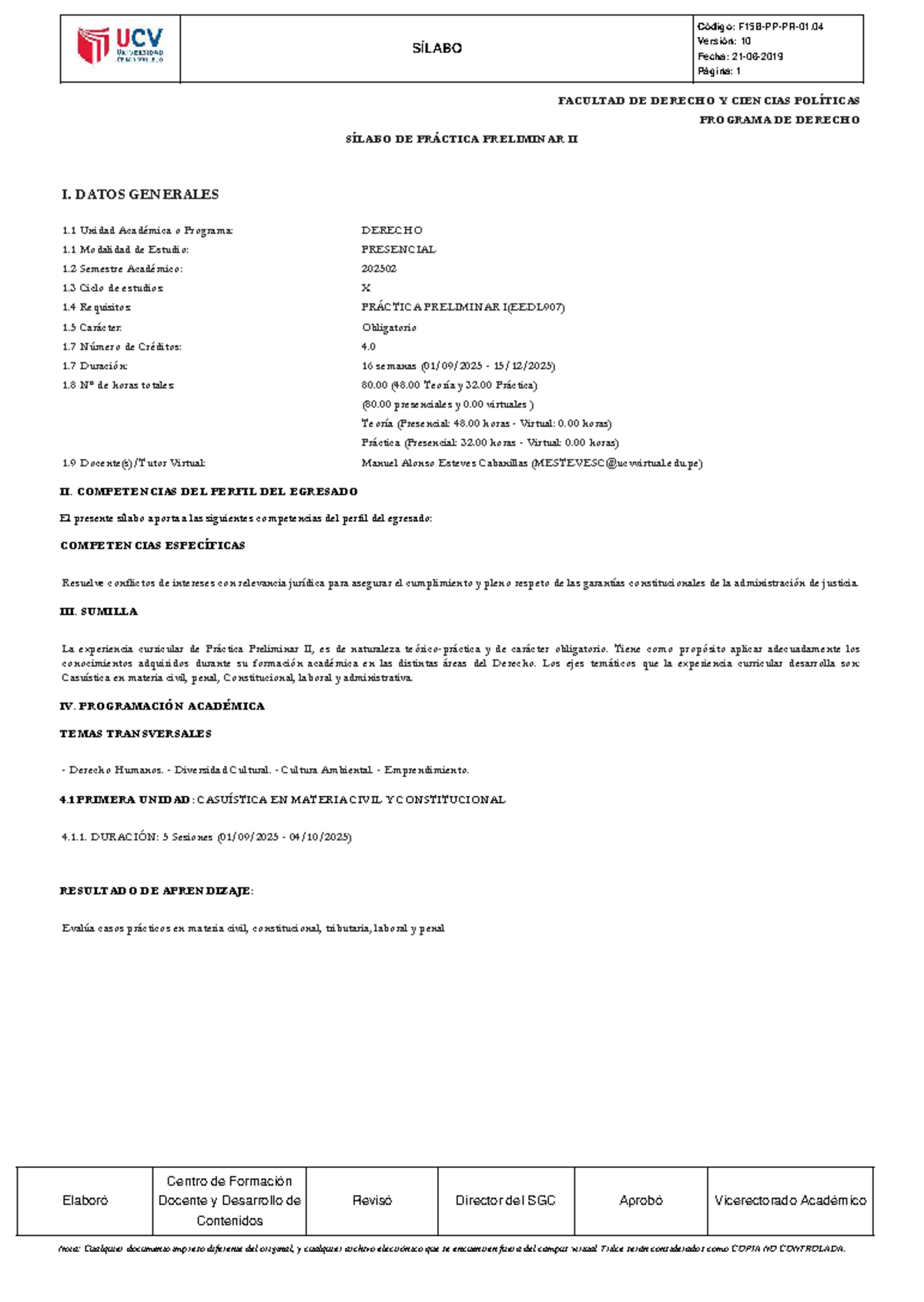 Sílabo de Práctica Preliminar II (DERECHO 202502) - Facultad de Derecho - Document Preview