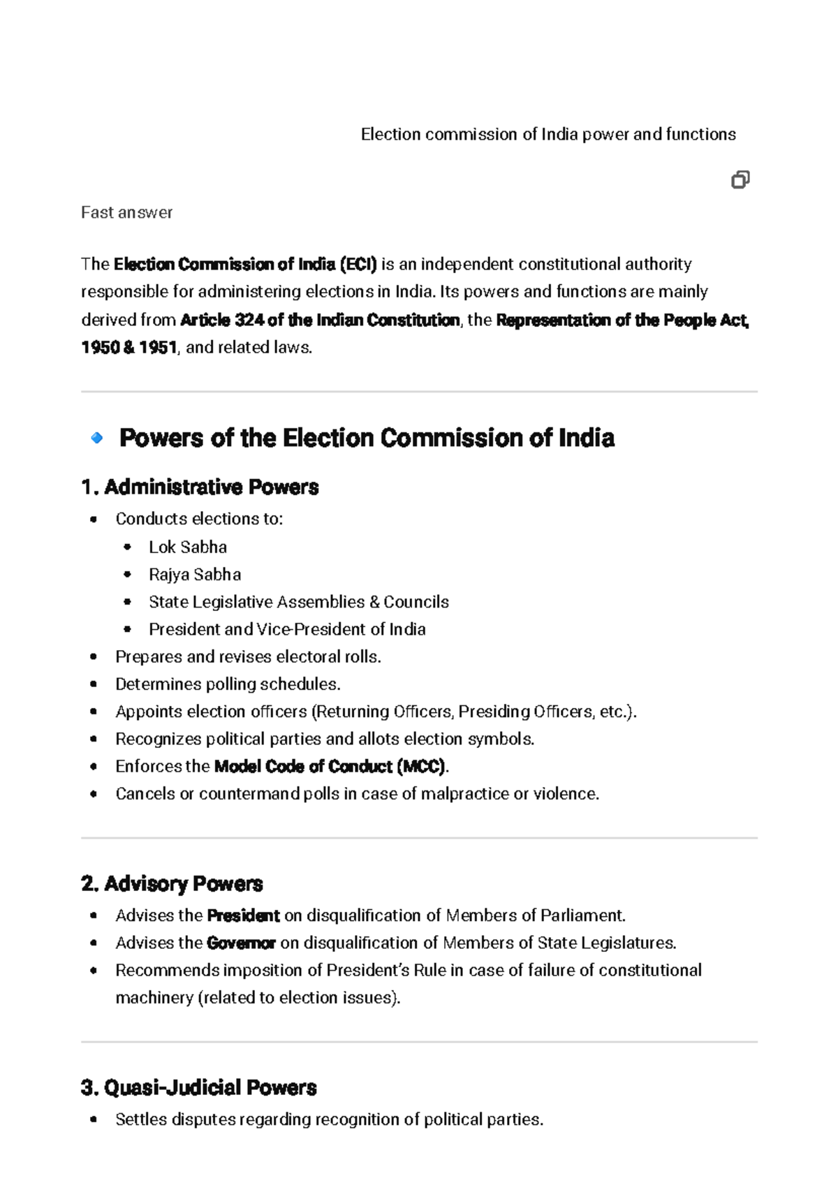 Election Commission of India: Powers & Functions Overview - Studocu