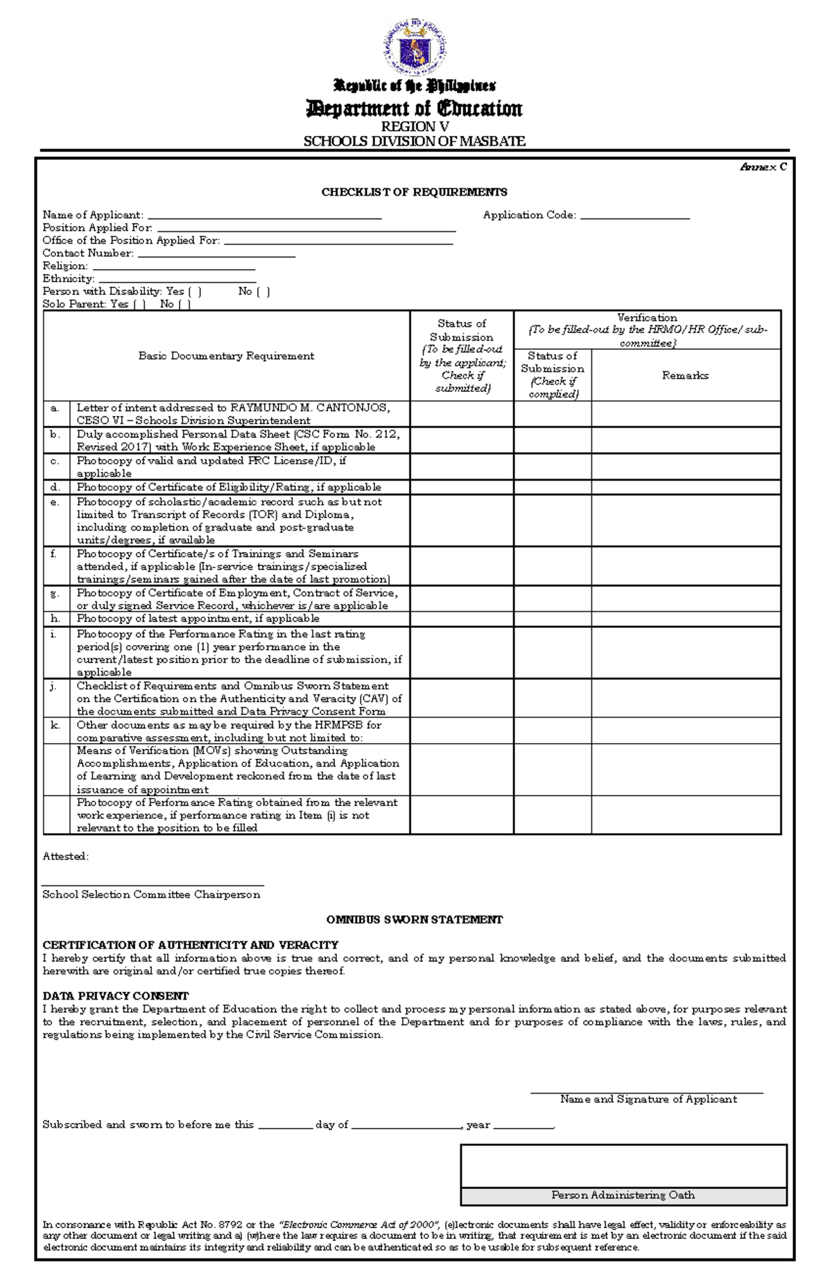 Annex C: Checklist of Requirements for Applicants - DepEd Region V ...