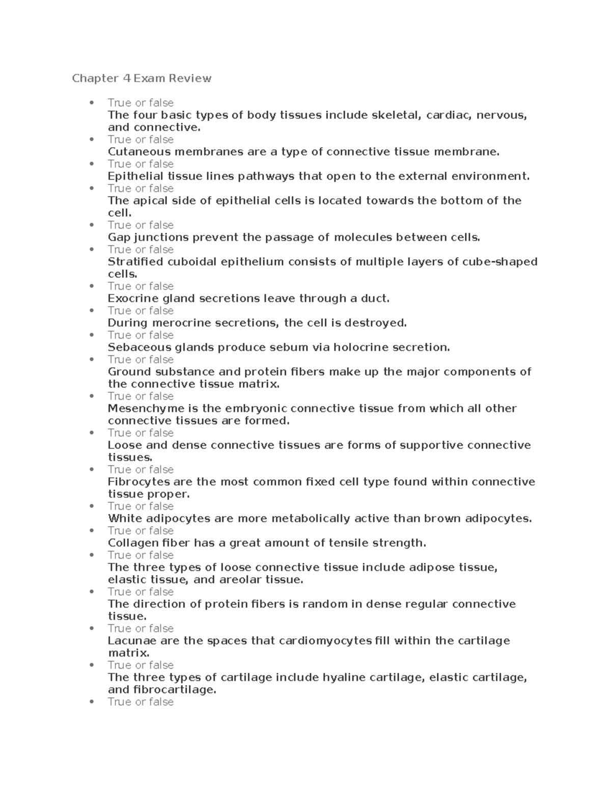 Biology 101: Chapter 4 Exam Review on Body Tissue Types - Studocu