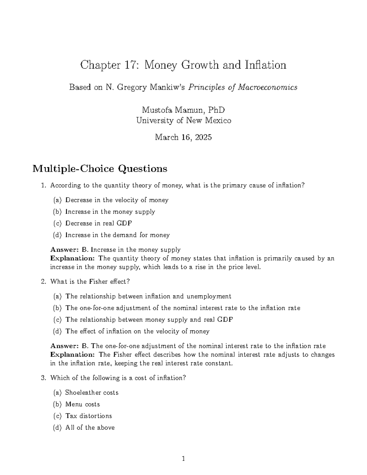 Chapter 17: Money Growth and Inflation - MCQs & Short Answers (Econ 101 ...