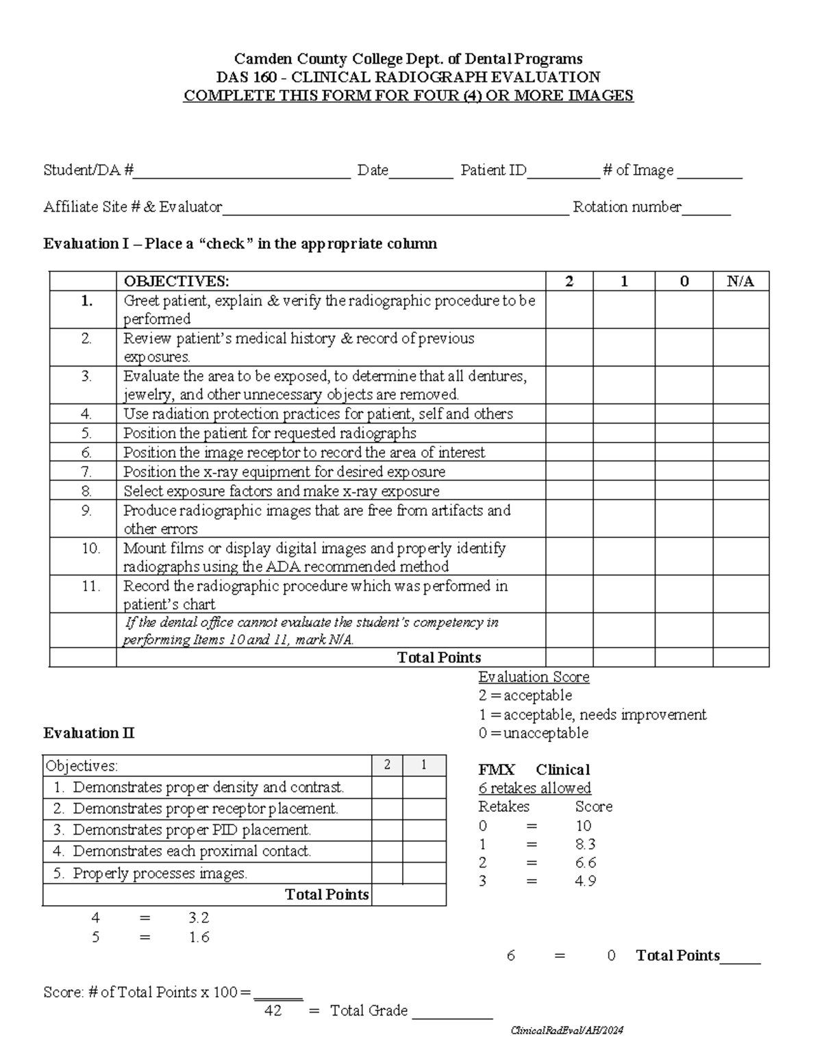 DAS 160 Final Exam: Clinical Radiograph Evaluation Form 2025 - Studocu