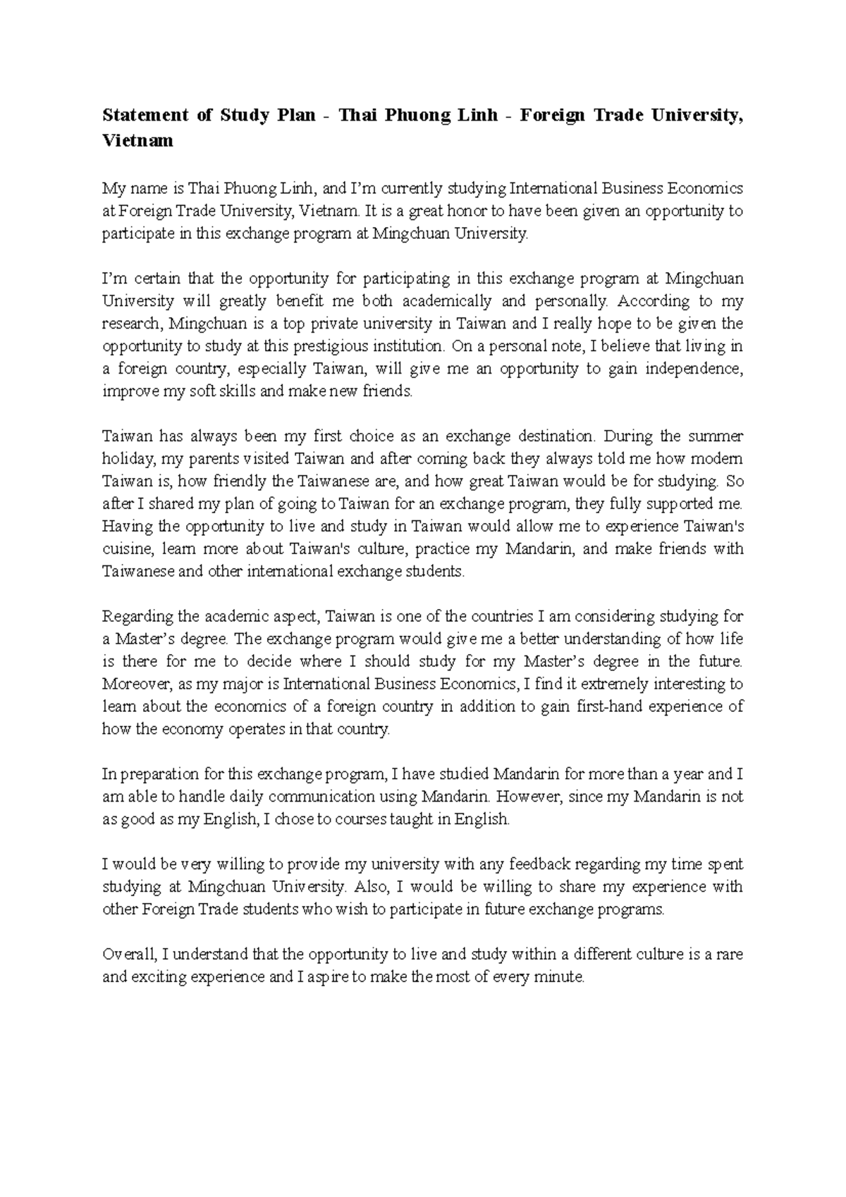 Statement of Study Plan - Thai P. Linh - FTU, Vietnam for Exchange ...