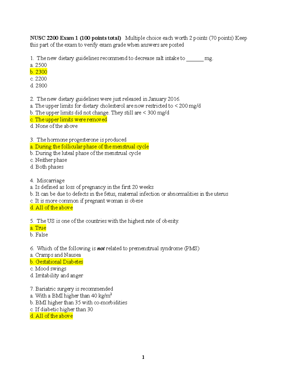 NUSC 2200 Exam 1 - Answer Key for 2017 Key-Exam 1 - Studocu