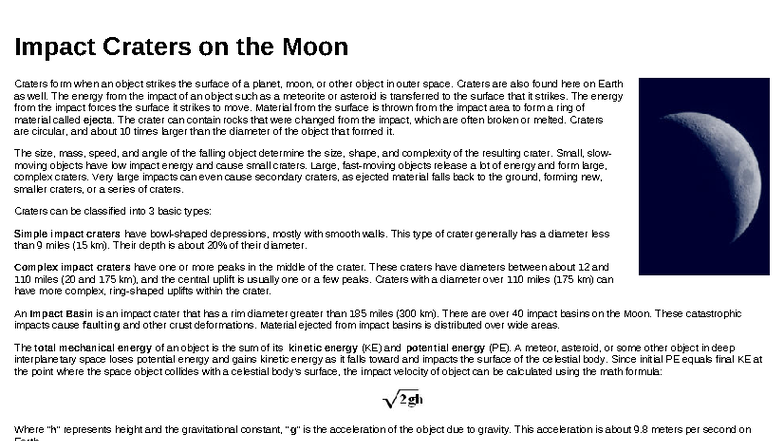 Impact Craters on the Moon: Factors Affecting Formation - Studocu