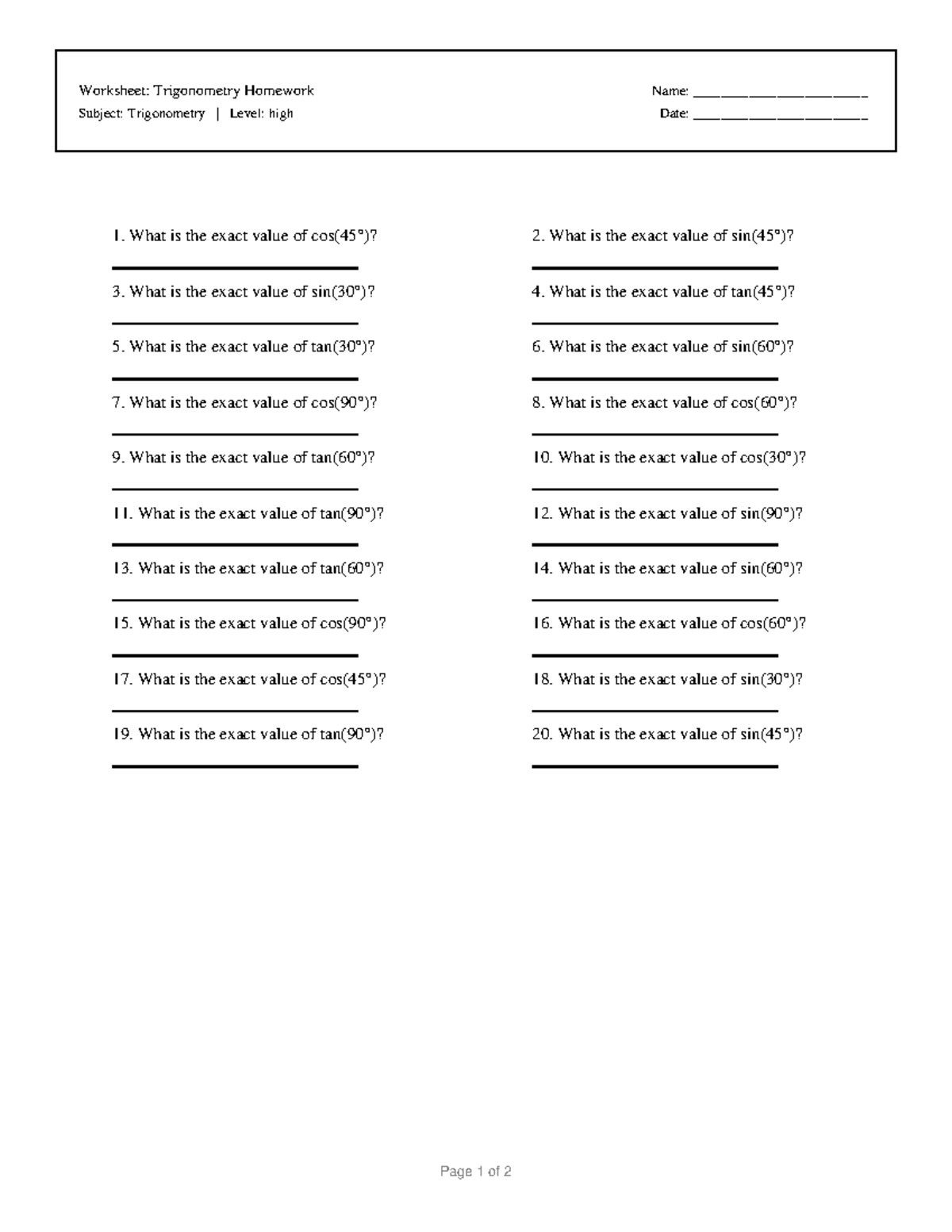 Trigonometry Homework Worksheet: Exact Values & Problems - Studocu