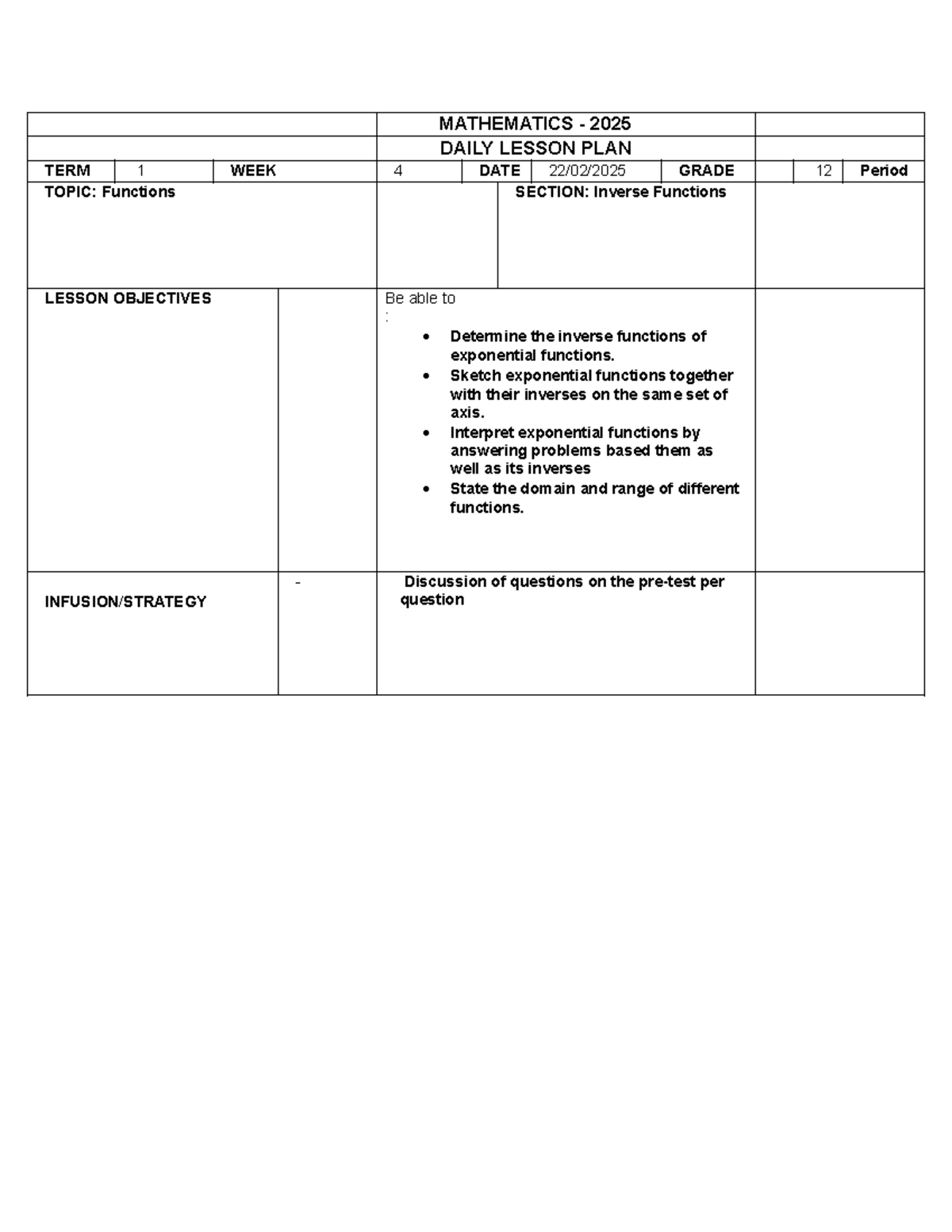 MATHEMATICS 2025 TERM 1 WEEK 4 LESSON PLAN: Inverse Functions - Studocu