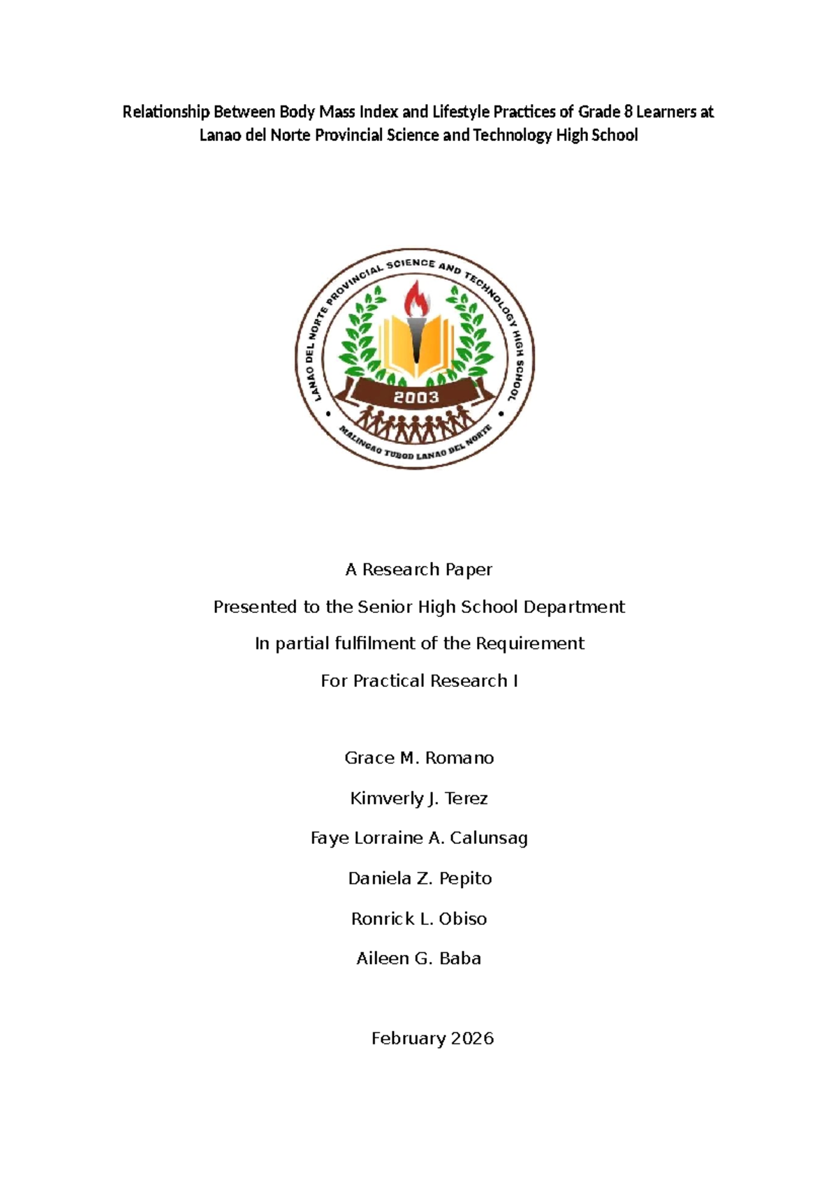 Relationship Between BMI and Lifestyle Practices of Grade 8 Learners in ...
