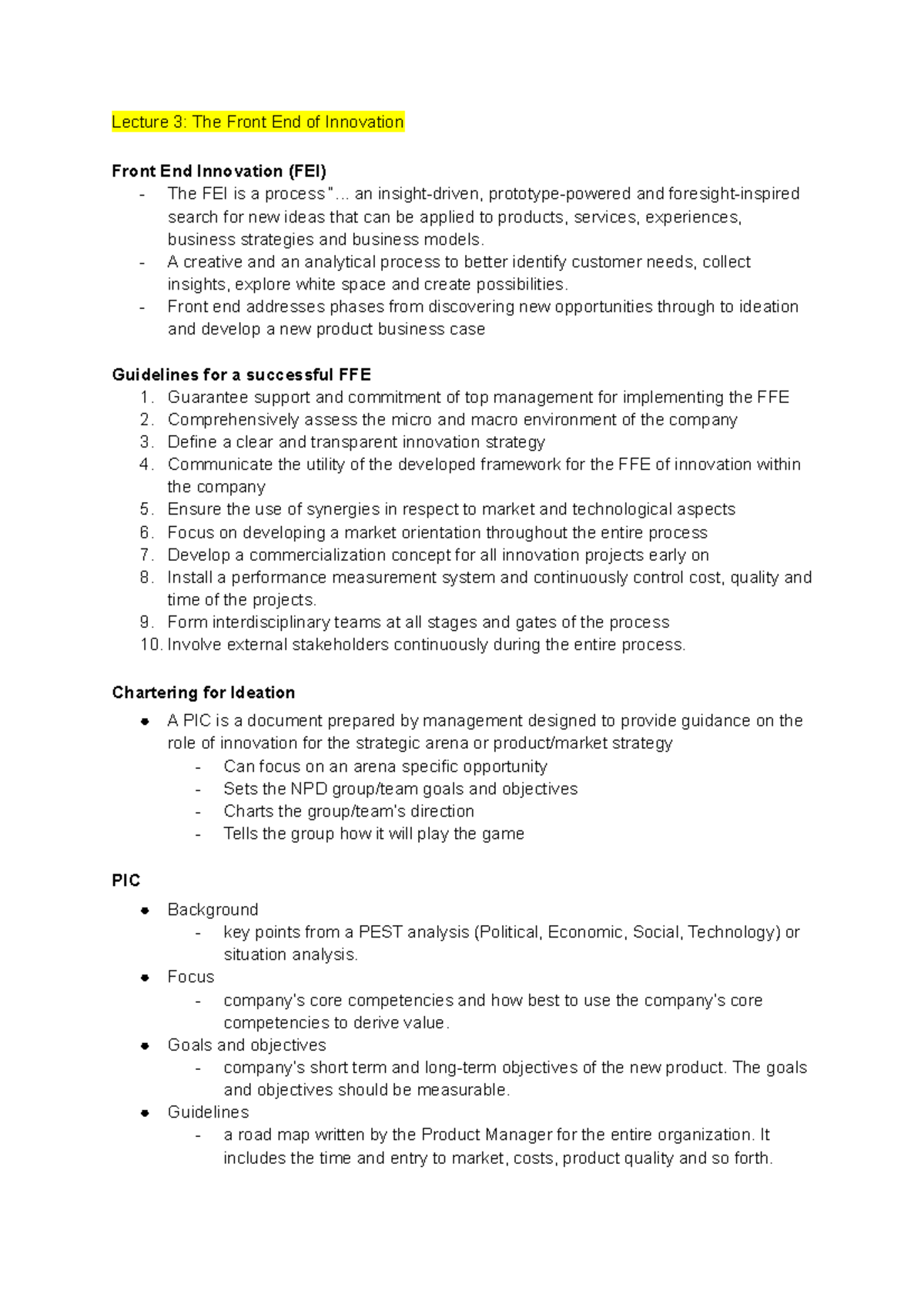 PIM Lec 3 - PIM notes - Lecture 3: The Front End of Innovation Front ...
