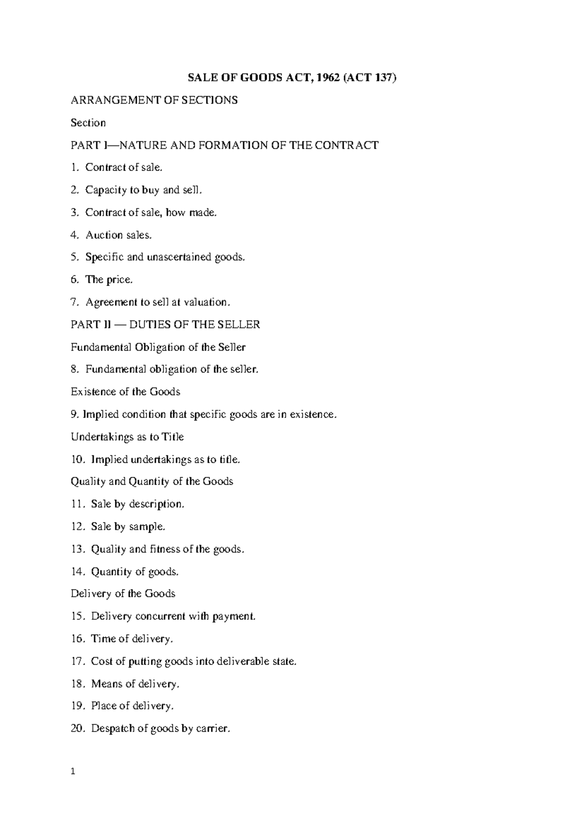 SALE OF GOODS ACT, 1962 (ACT 137) - SECTION ARRANGEMENTS AND ...