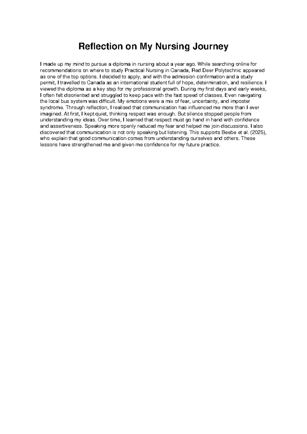 Nursing Reflection: My Journey in Practical Nursing Program - Studocu