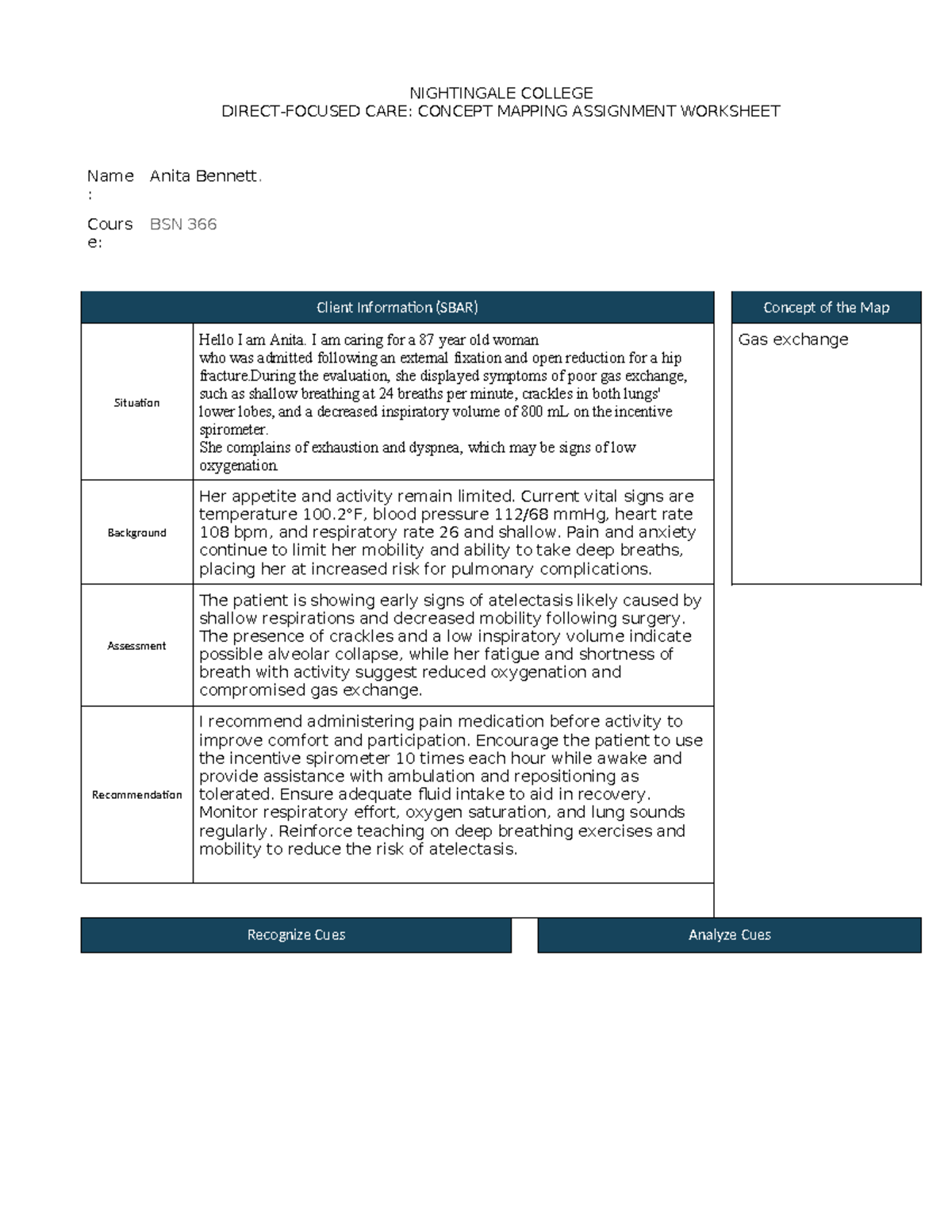 BSN 366 Concept Mapping Assignment: Gas Exchange & Atelectasis - Studocu