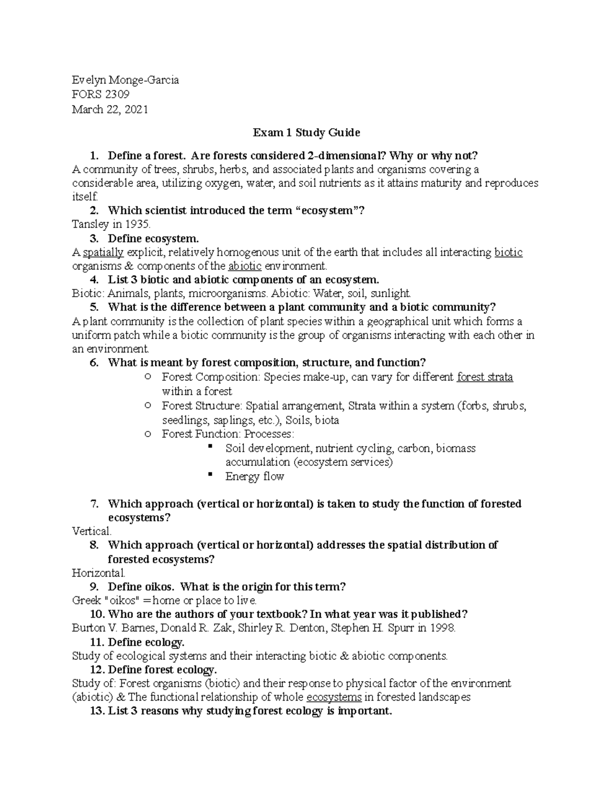 FOR 2309 Exam 1 Study Guide: Key Concepts in Forest Ecology - Studocu