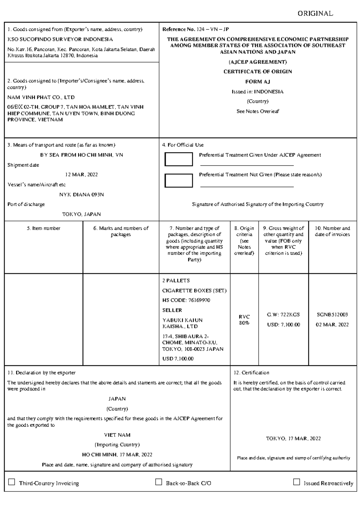 AJCEP Agreement Certificate of Origin - Original CK01 Document - Studocu