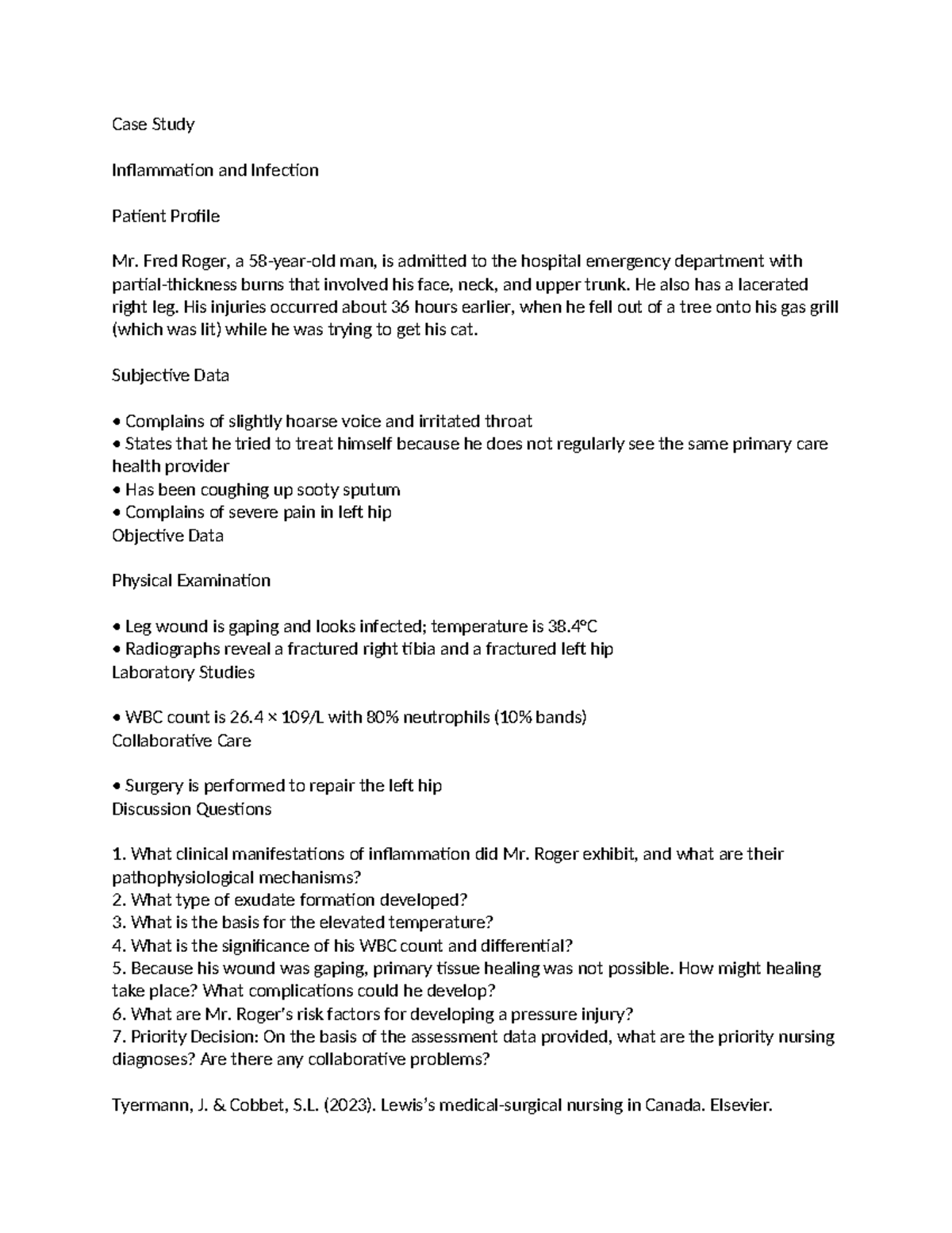Case Study: Inflammation & Infection - Mr. Fred Roger's Profile - Studocu