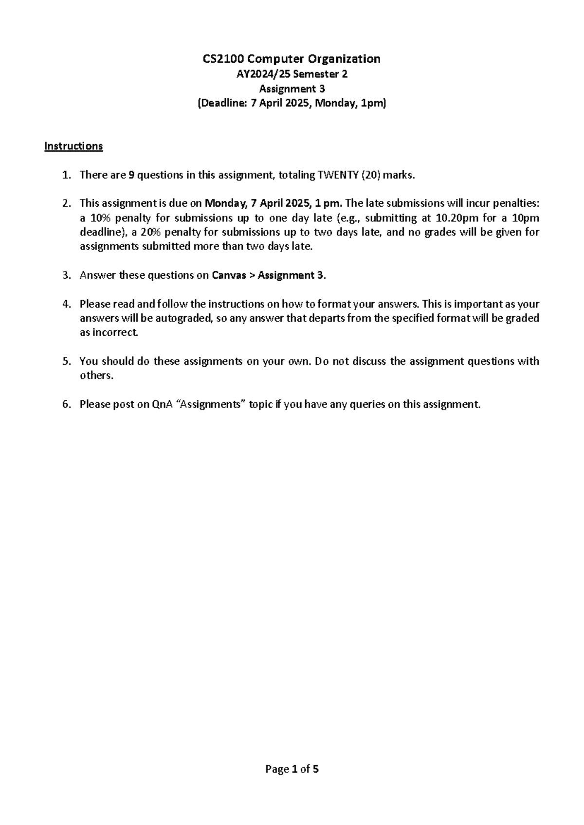 CS2100 Computer Organization Semester 2 Assignment 3 questions and ...