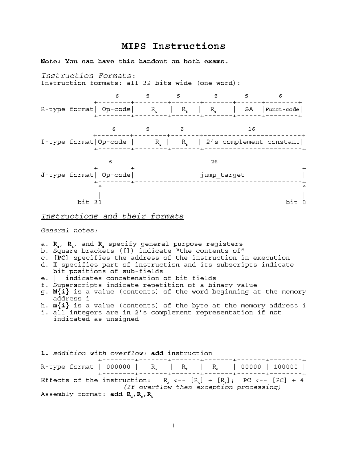 MIPS Instructions Overview for Exams - Essential Handout - Studocu