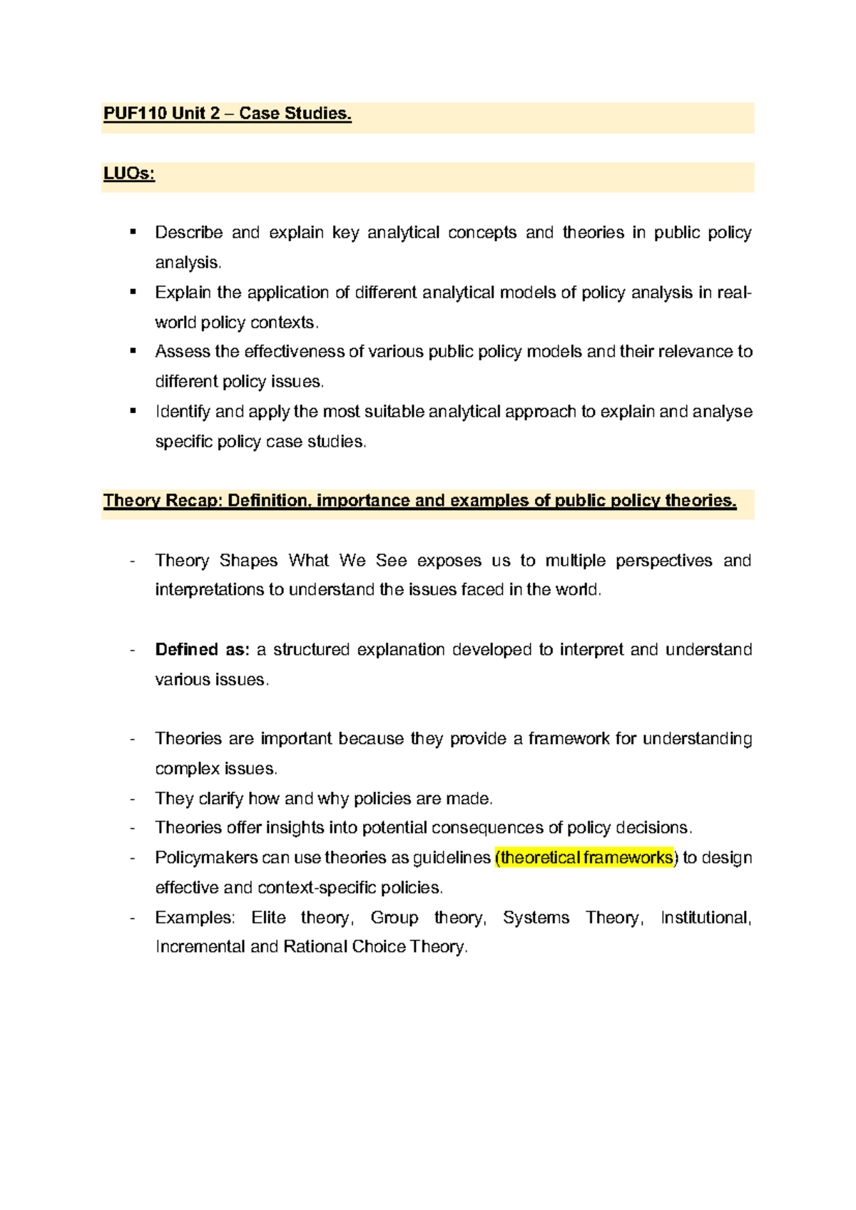 PUF110 Unit 2 Case Studies: Analyzing Public Policy Theories and ...