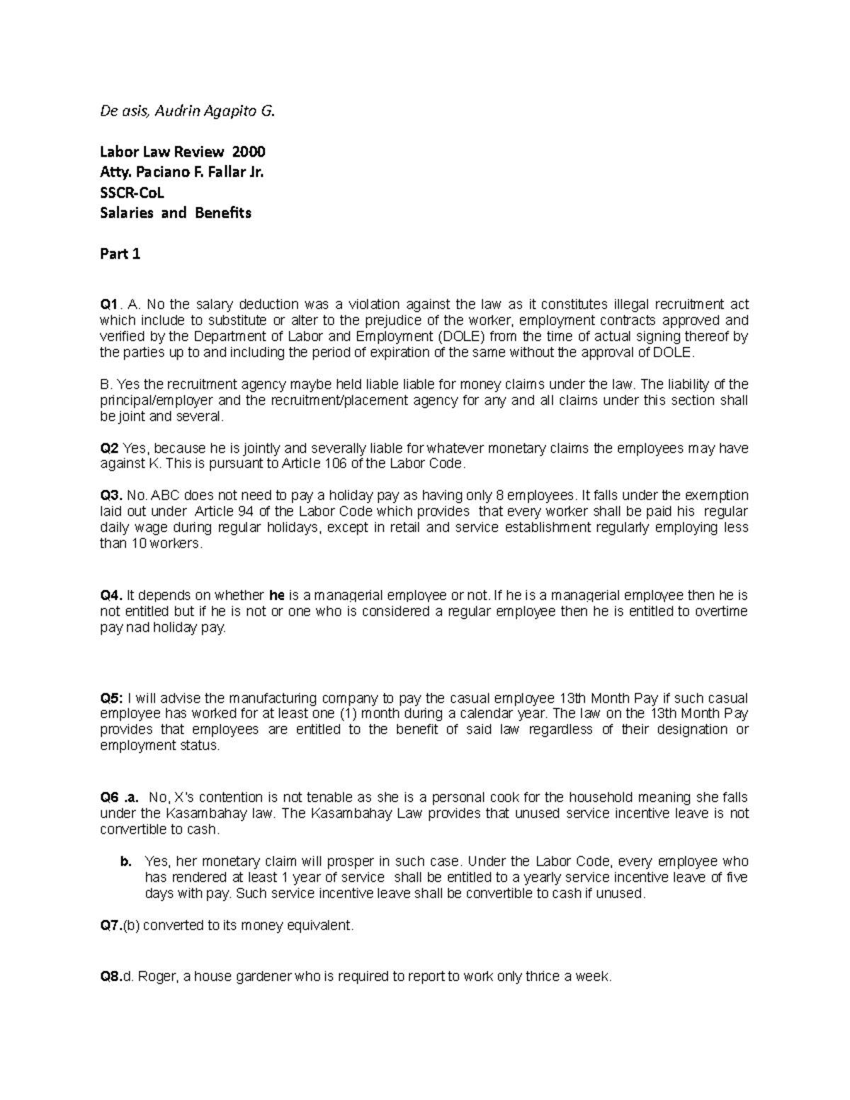 Labor Law Review Exam SSCR-CoL - November 2012 Questions & Answers