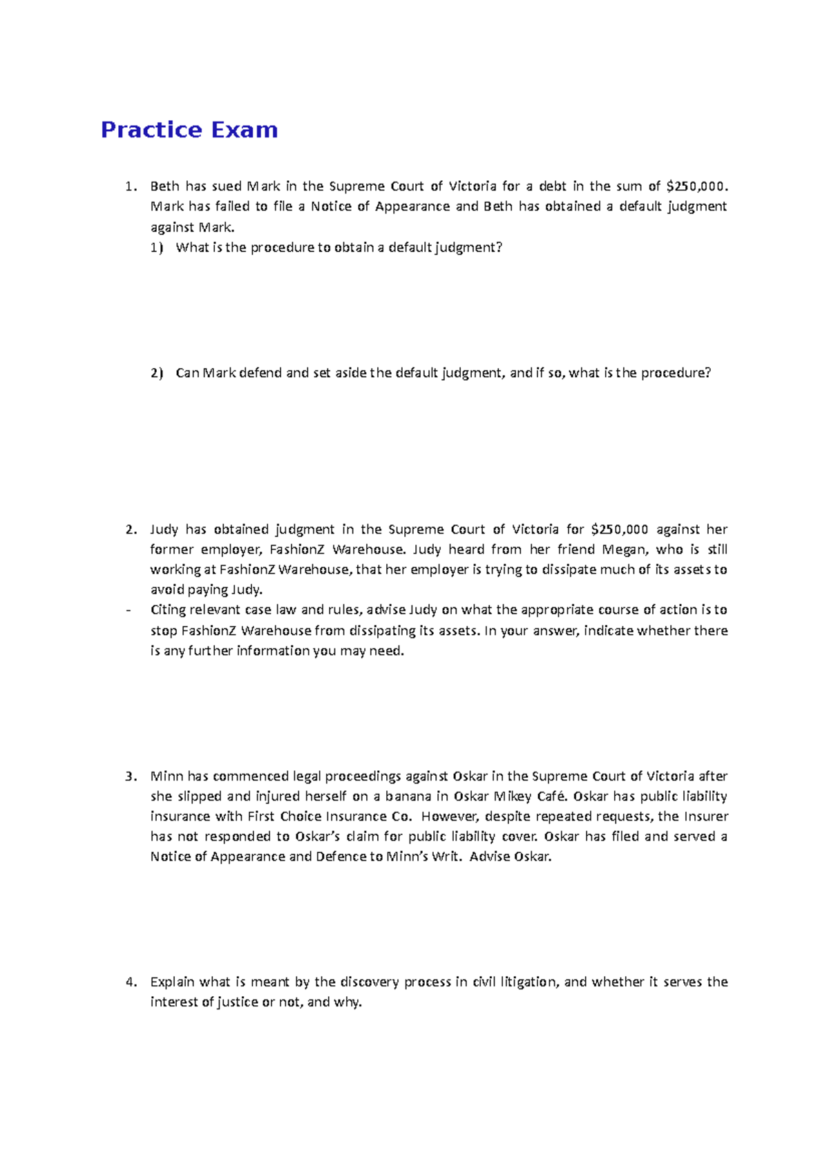 Practice Exam Questions for Law 101: Civil Procedure Issues - Studocu