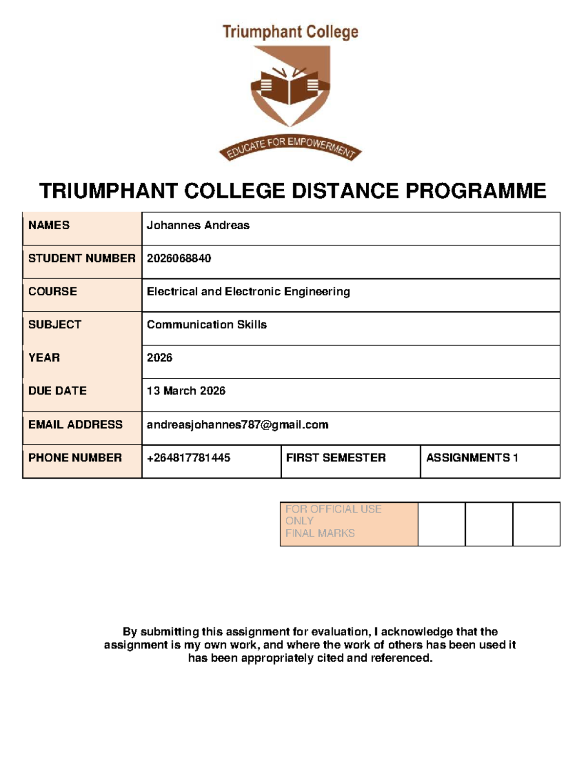 TRIUMPHANT EEE 2026: Assignment Cover Letter for Comm Skills - Studocu