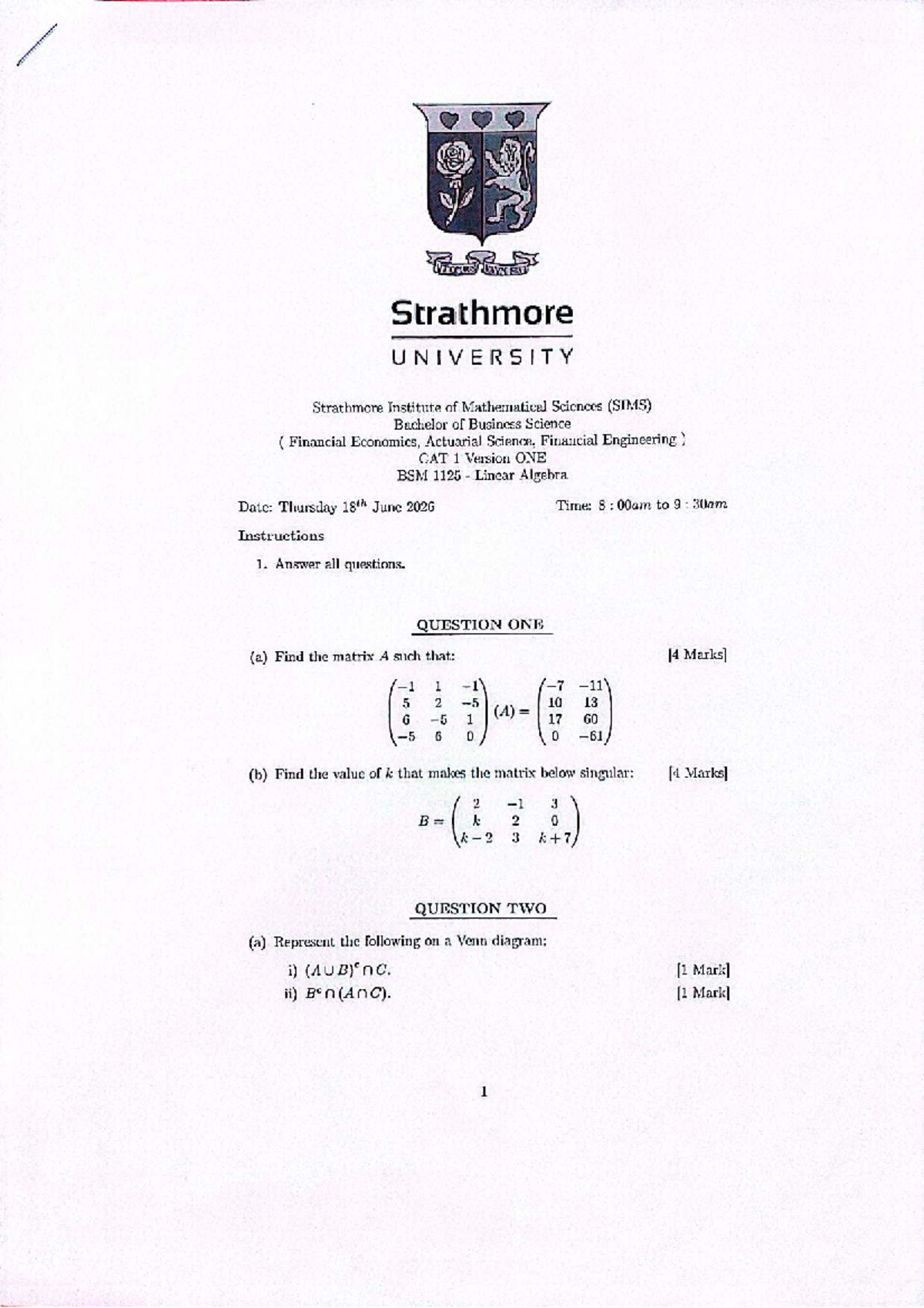BSM 1125 Linear Algebra CAT 1 Version 1 Solutions - Studocu