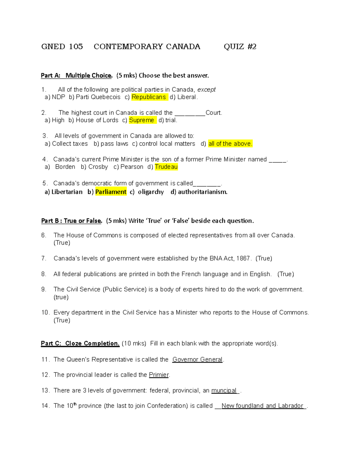 GNED 105 quiz 2 - quiz 2 ans - GNED 105 CONTEMPORARY CANADA QUIZ Part A ...